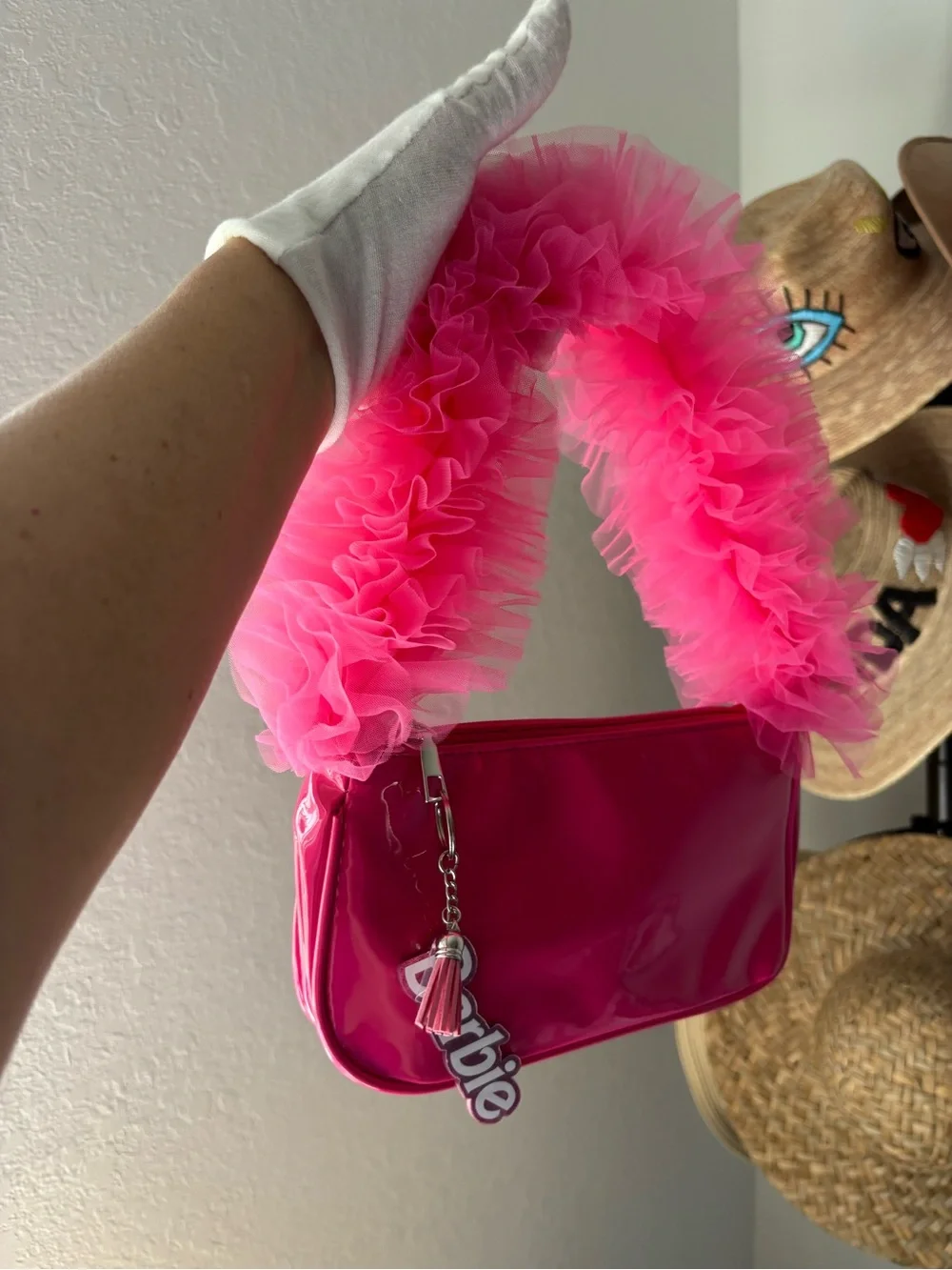 Barbie Pink Patent Shoulder Bag Ruffle Handle Charm Y2K Style NWT